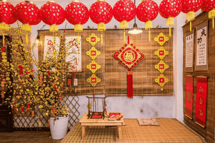 Mành tre kết hợp lồng đèn Mành tre kết hợp lồng đèn